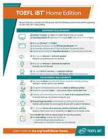 Thumbnail image showing the first page of the TOEFL iBT Home Edition checklist. Check boxes are visible beside equipment and environment requirements.